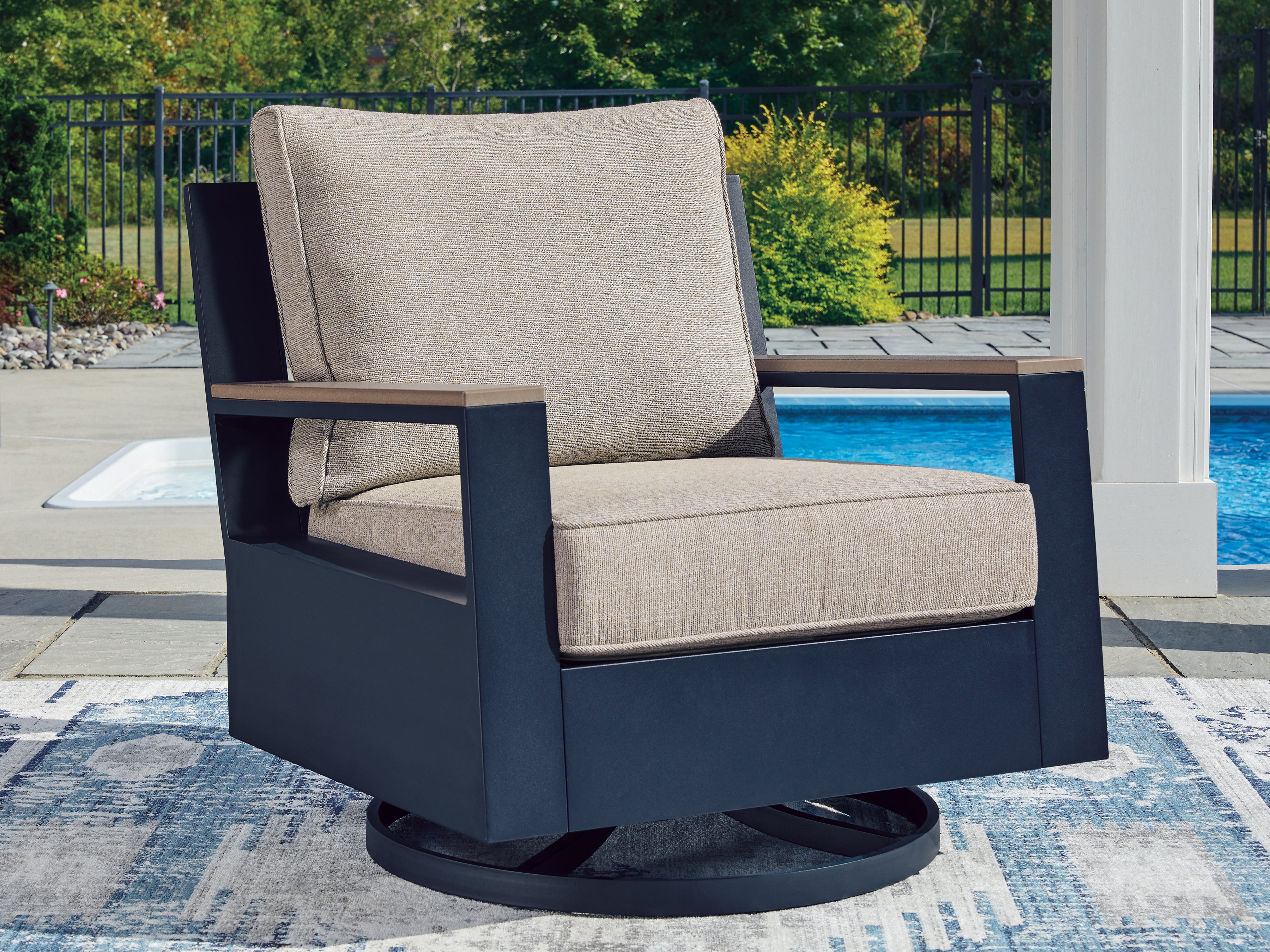 Sectionals for Less - Ashley Furniture - East Beach Outdoor - Swivel Glider Chair w/Cushion / Navy Blue/Driftwood - PCP587-821
