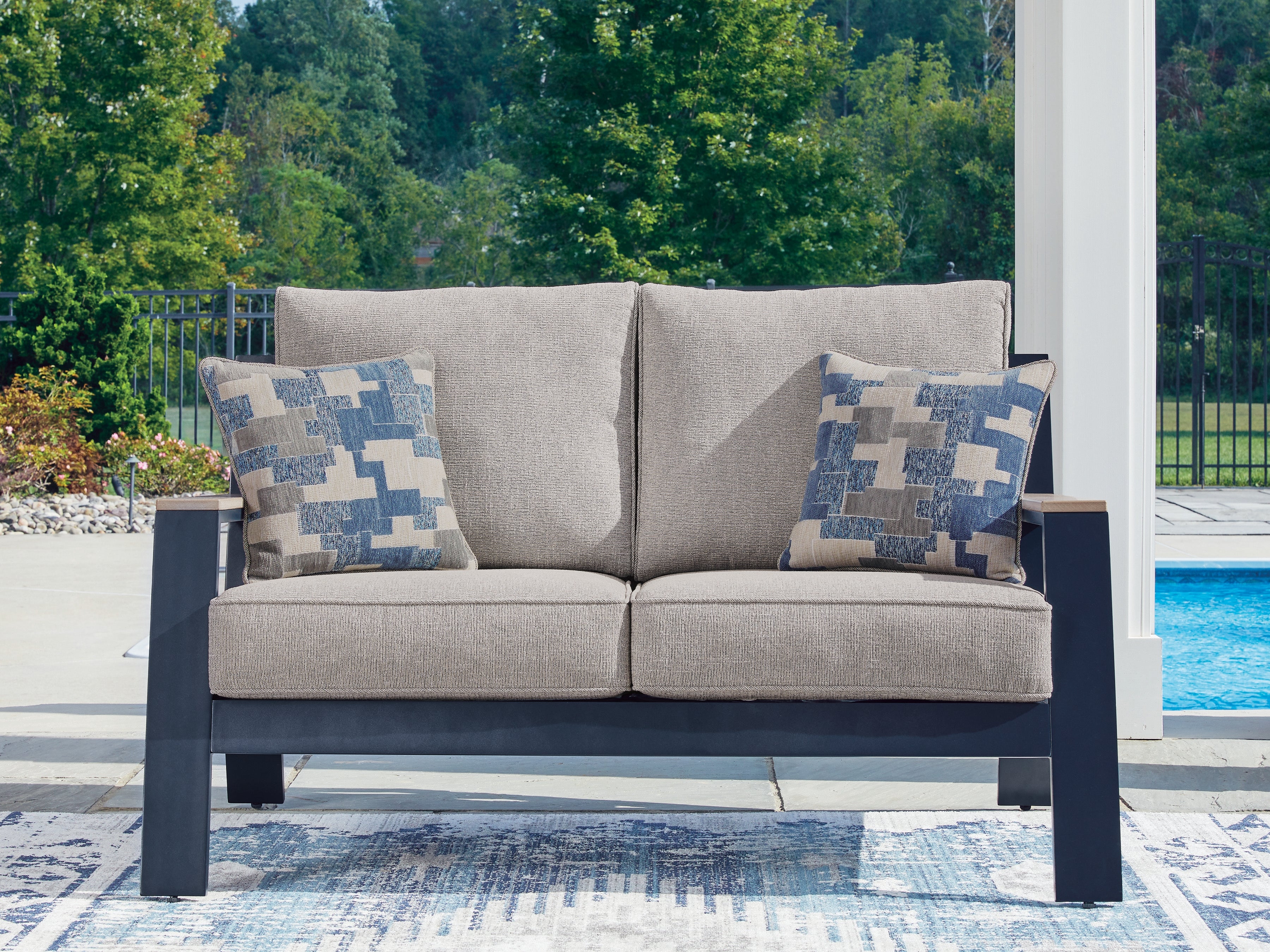 Sectionals for Less - Ashley Furniture - East Beach Outdoor - Loveseat w/Cushion / Navy Blue/Driftwood - PCP587-835