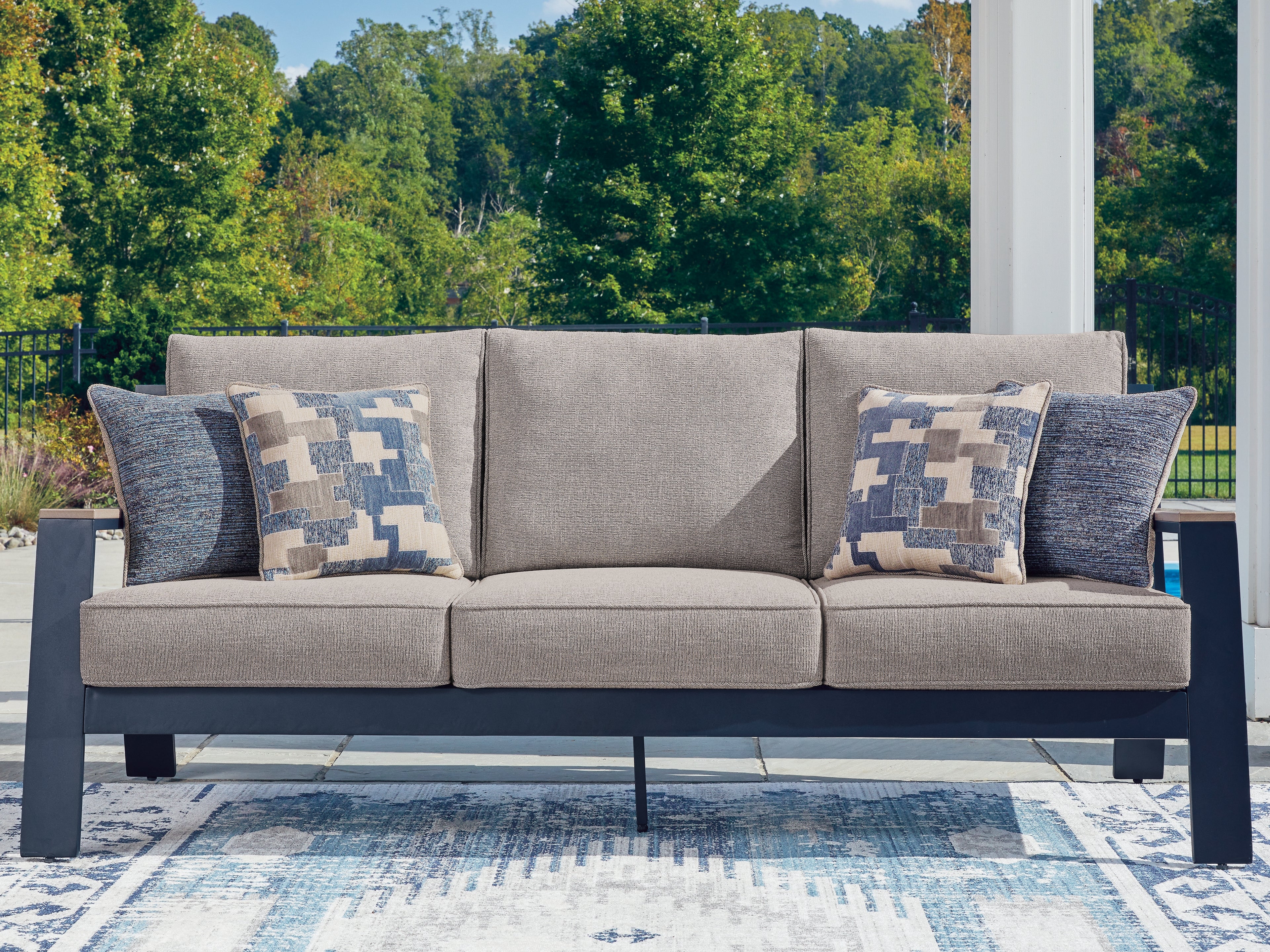 Sectionals for Less - Ashley Furniture - East Beach Outdoor - Sofa with Cushion / Navy Blue/Driftwood - PCP587-838