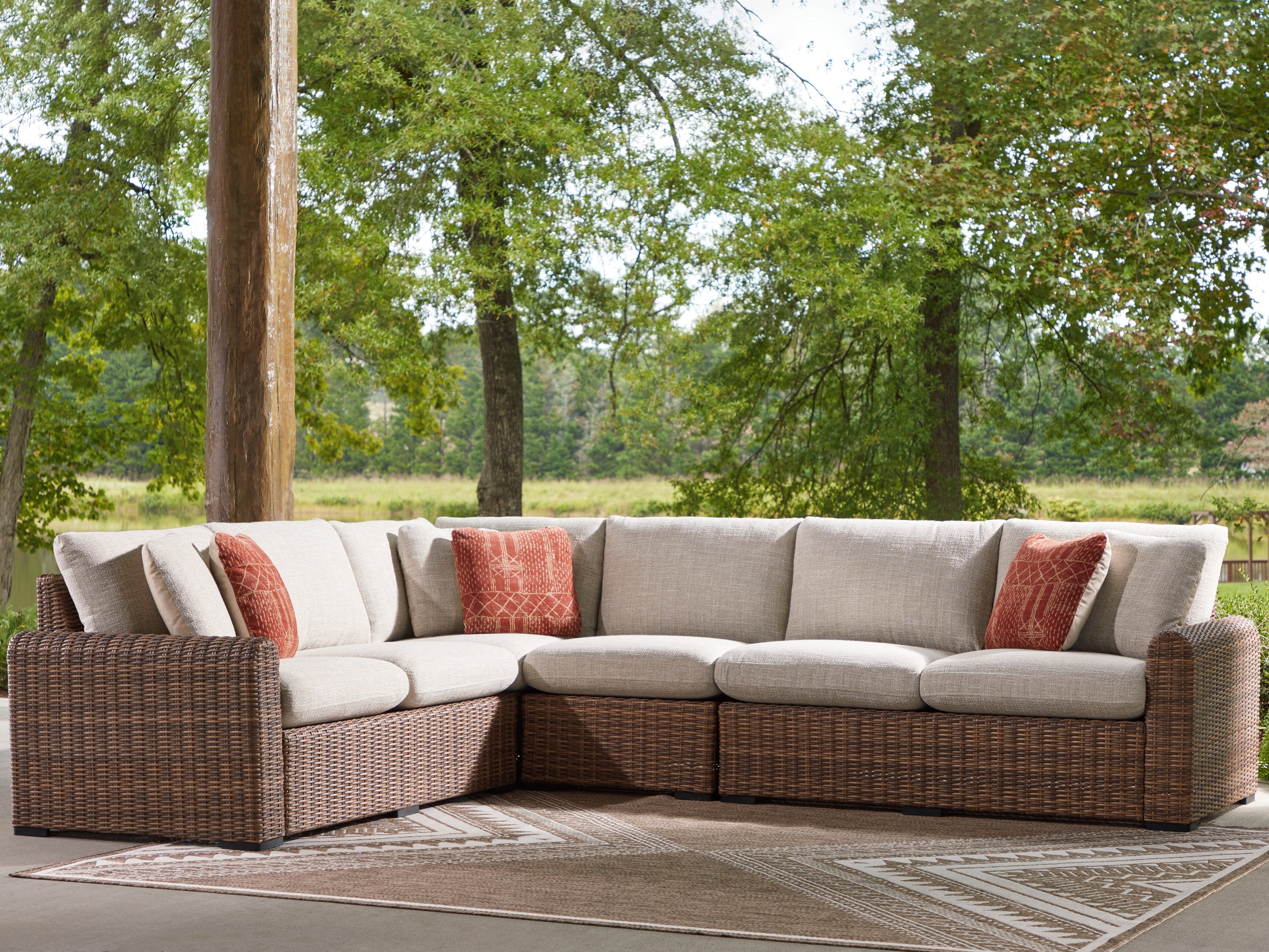 Sectionals for Less - Ashley Furniture - Dolan Creek Outdoor - 4-Piece Outdoor Sectional / Beige/Brown - PCP610P2