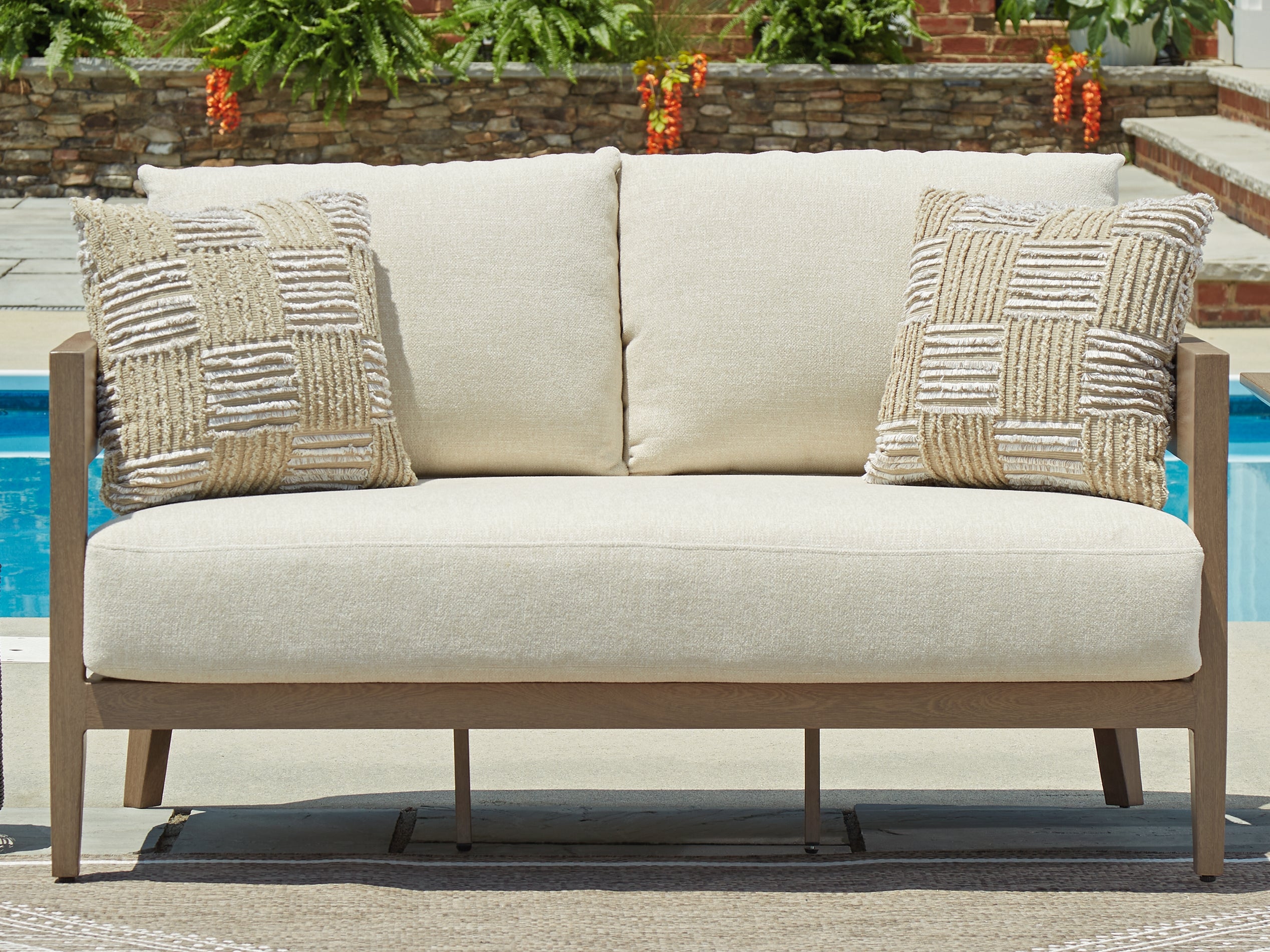 Sectionals for Less - Ashley Furniture - Serene Bay Outdoor - Loveseat w/Cushion / Dark Brown/White - P671-835