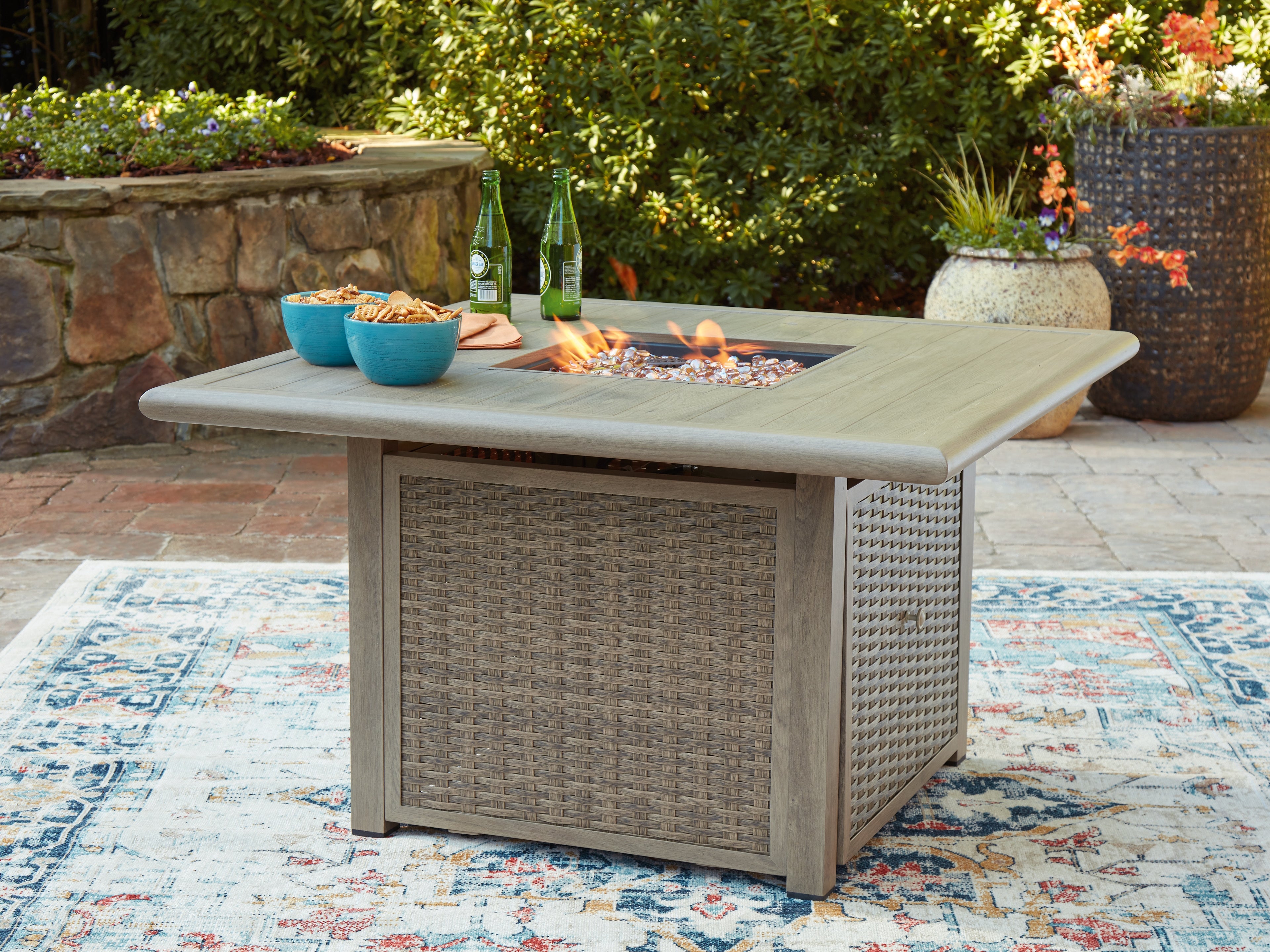 Sectionals for Less - Ashley Furniture - Cliff Trails Outdoor - Square Fire Pit Table / Beige - PCP690-772