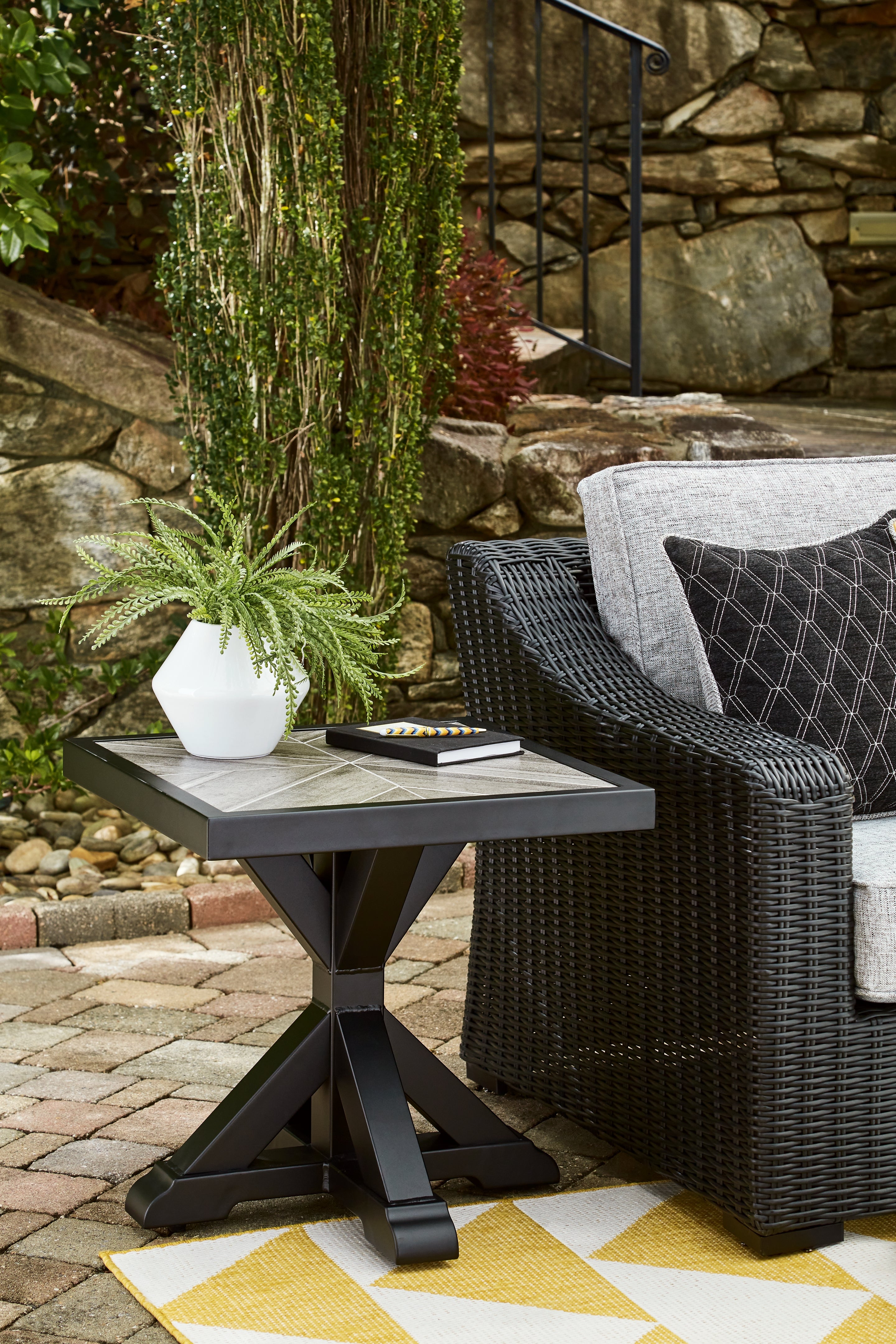 Sectionals for Less - Ashley Furniture - Beachcroft Outdoor - Square End Table / Black/Light Gray - P792-702