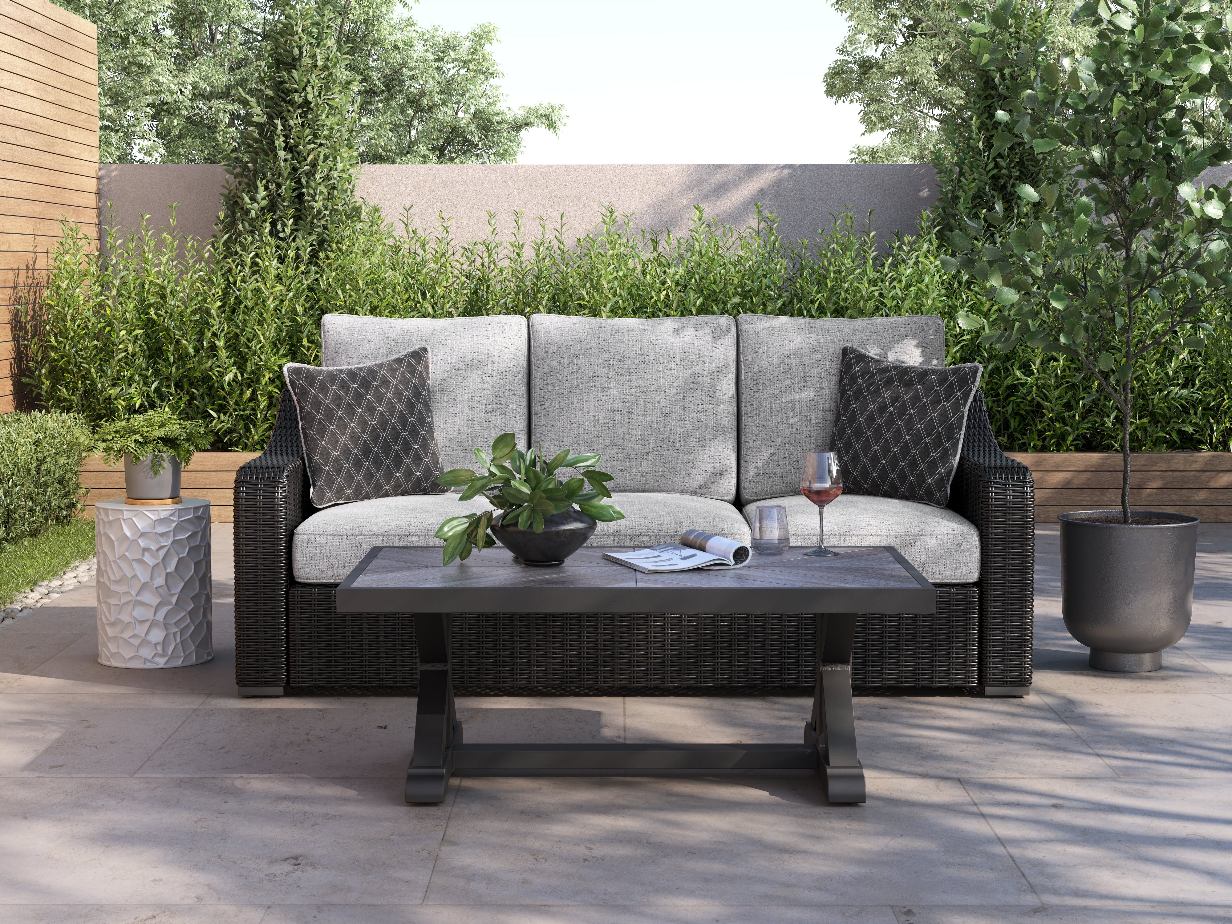 Sectionals for Less - Ashley Furniture - Beachcroft Outdoor - Sofa with Cushion / Black/Light Gray - P792-838