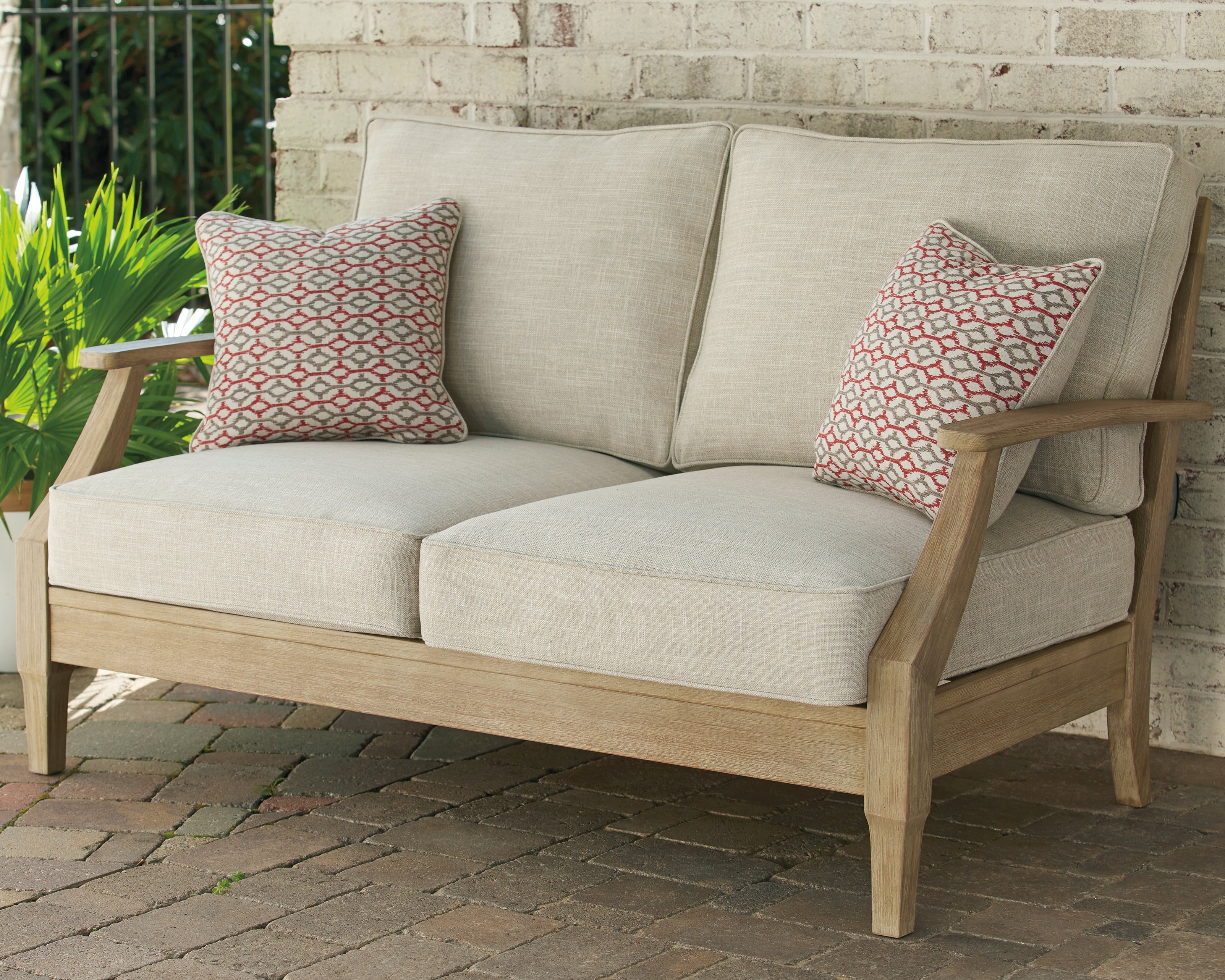 Sectionals for Less - Ashley Furniture - Clare View Outdoor - Loveseat w/Cushion / Beige - P801-835