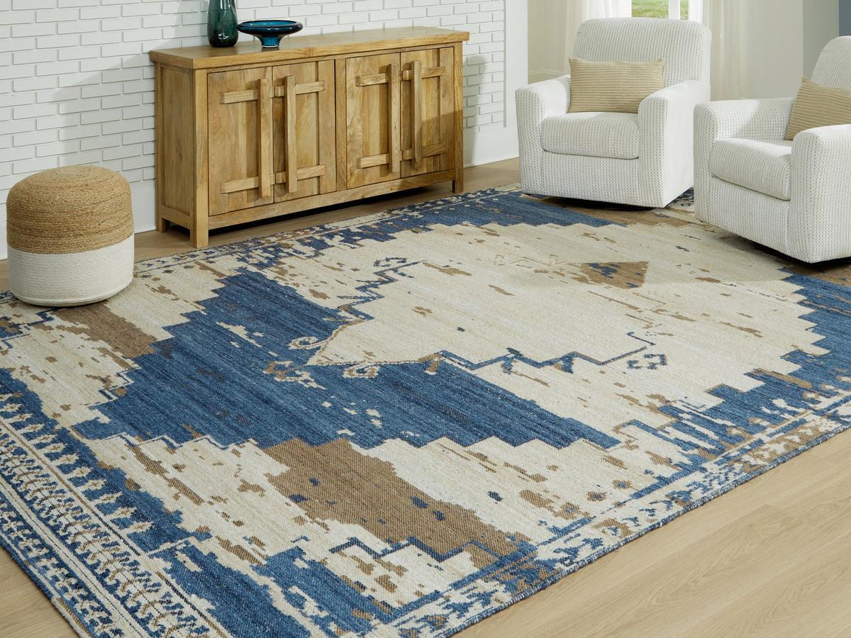 Sectionals for Less - Ashley Furniture - Varnler Rug - 5' x 7' Rug / Blue/Brown/Tan - R407132