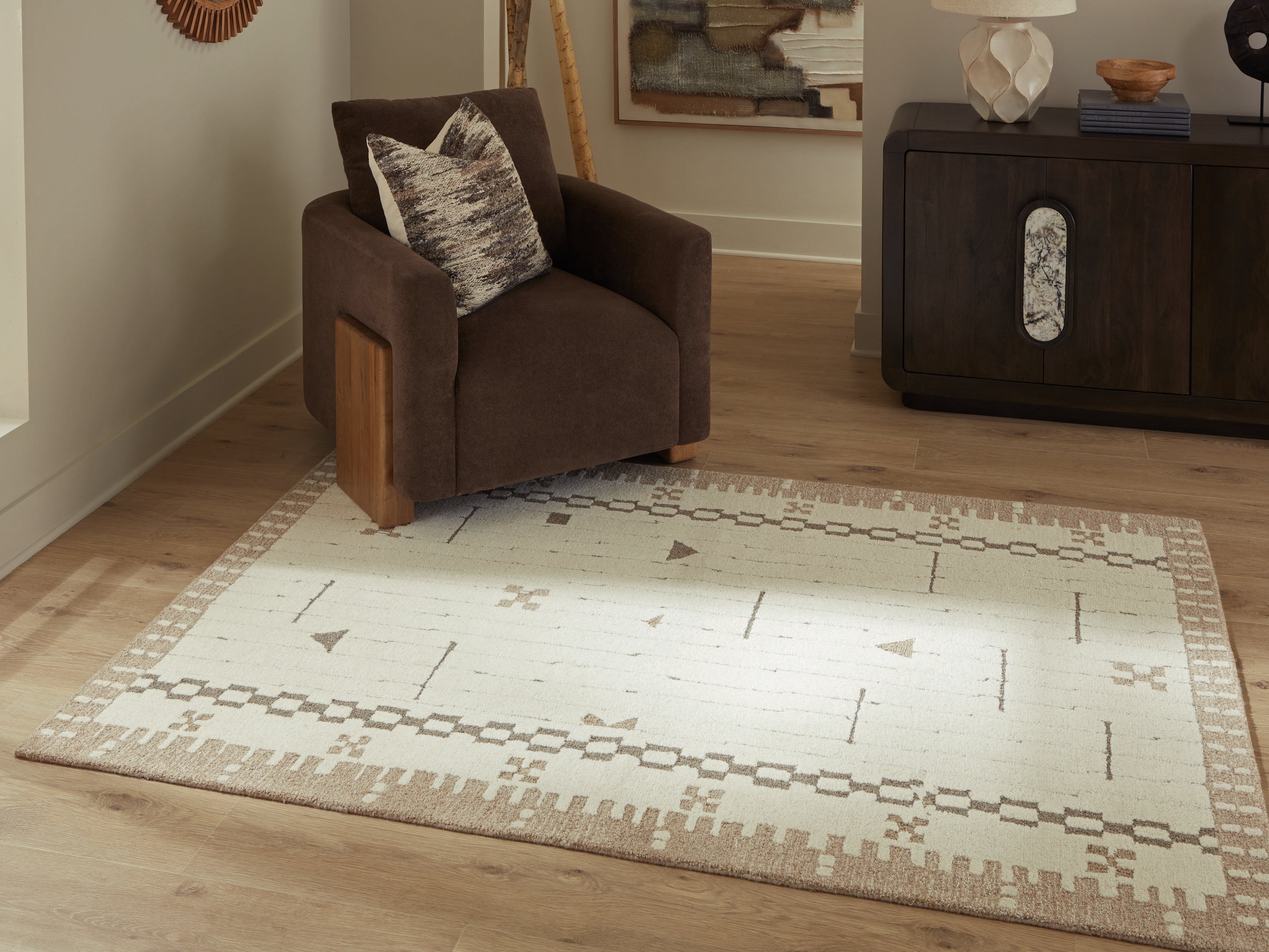 Sectionals for Less - Ashley Furniture - Dot Rug - 5' x 7' Area Rug / Cream/Brown/Taupe - R407652