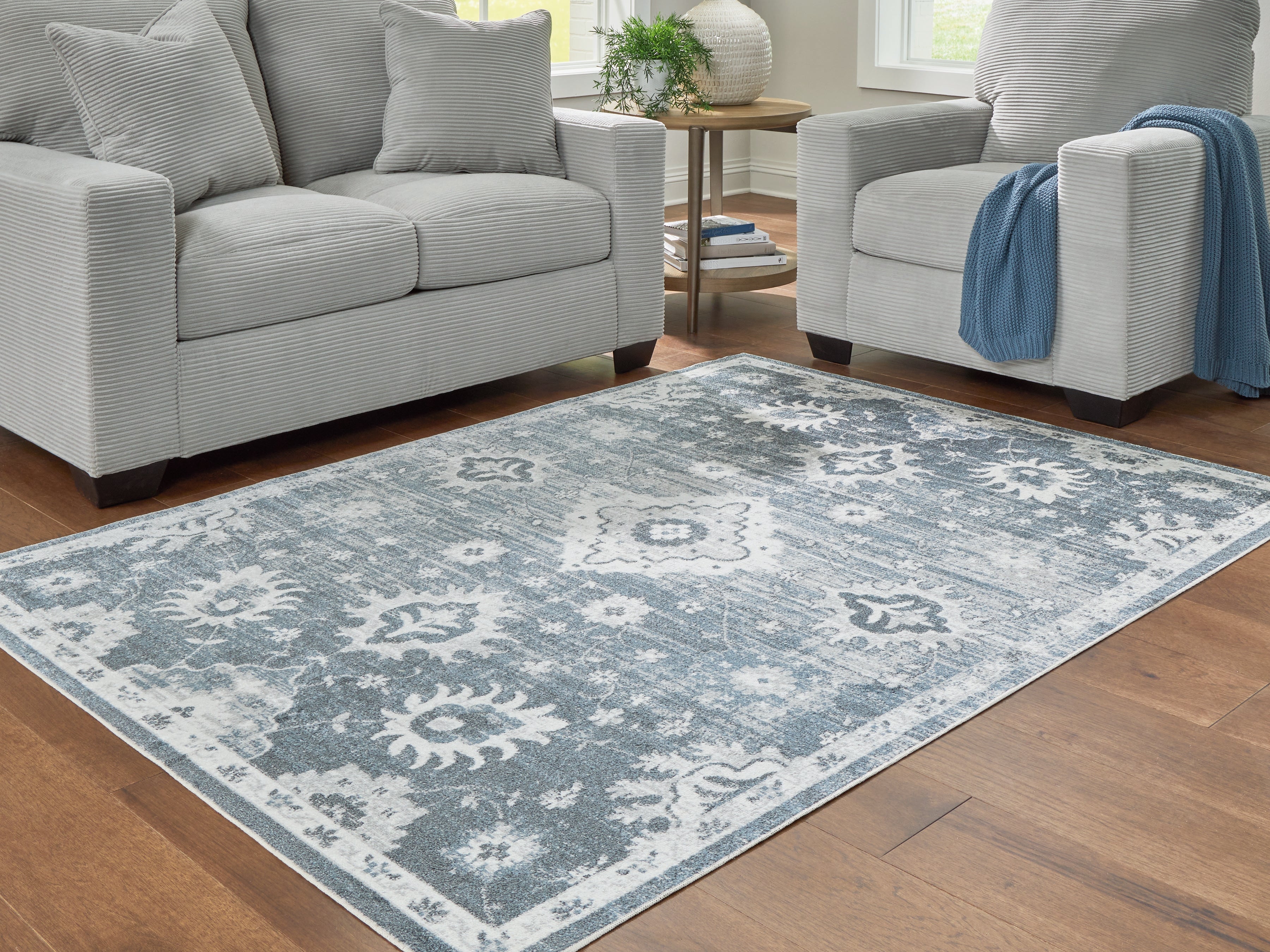 Sectionals for Less - Ashley Furniture - Avanworths Rug - Washable 7'10" x 10' Area Rug / Blue/Gray/Ivory - R407791