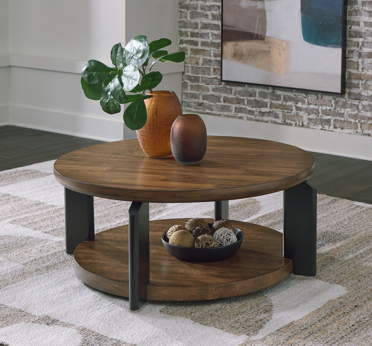 Sectionals for Less - Ashley Furniture - Kraeburn Coffee Table - Round Cocktail Table / Brown/Black - T624-8