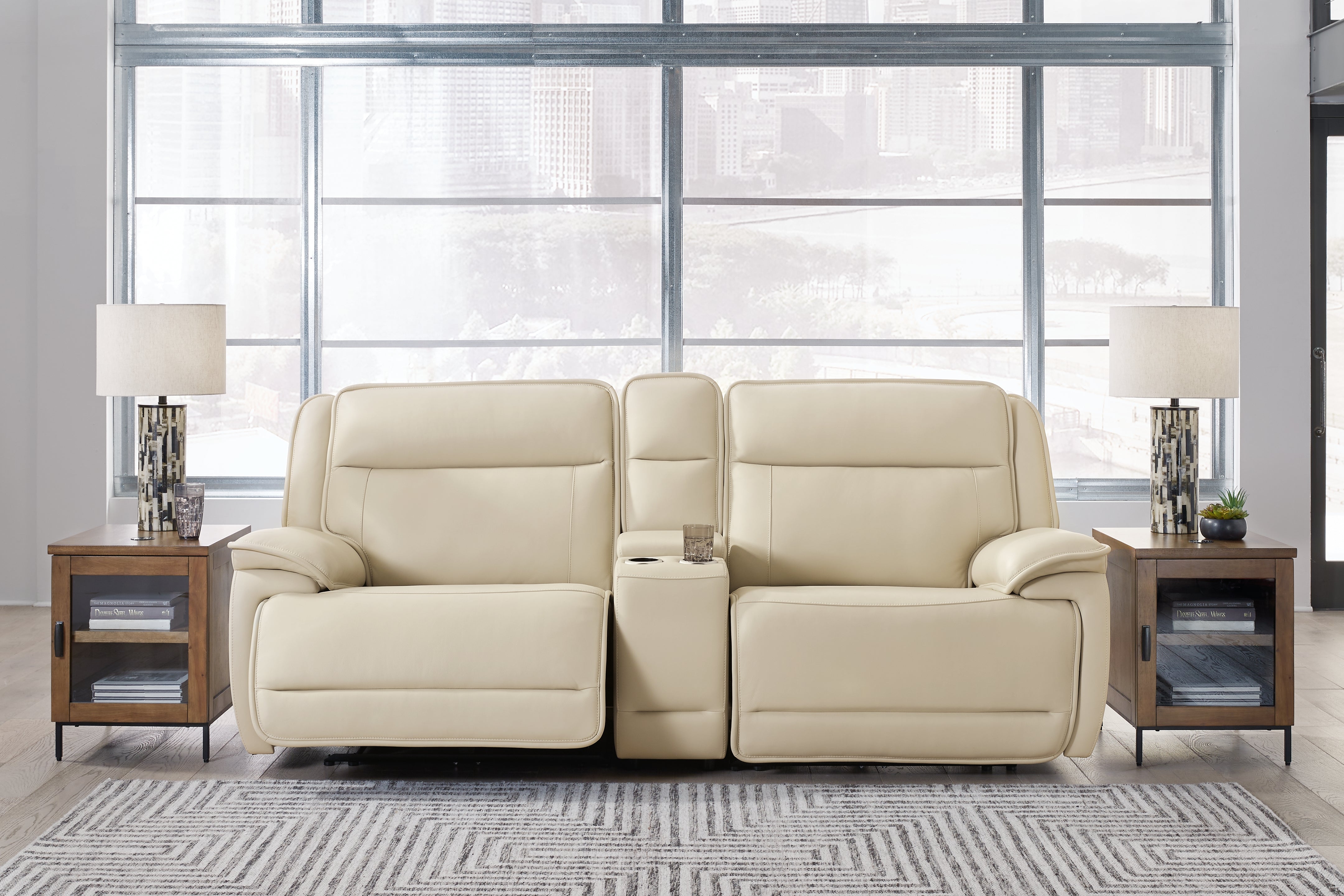 Sectionals for Less - Ashley Furniture - Double Deal Sectional - 3-Piece Power Reclining Loveseat Sectional with Console / Almond - U13001S4