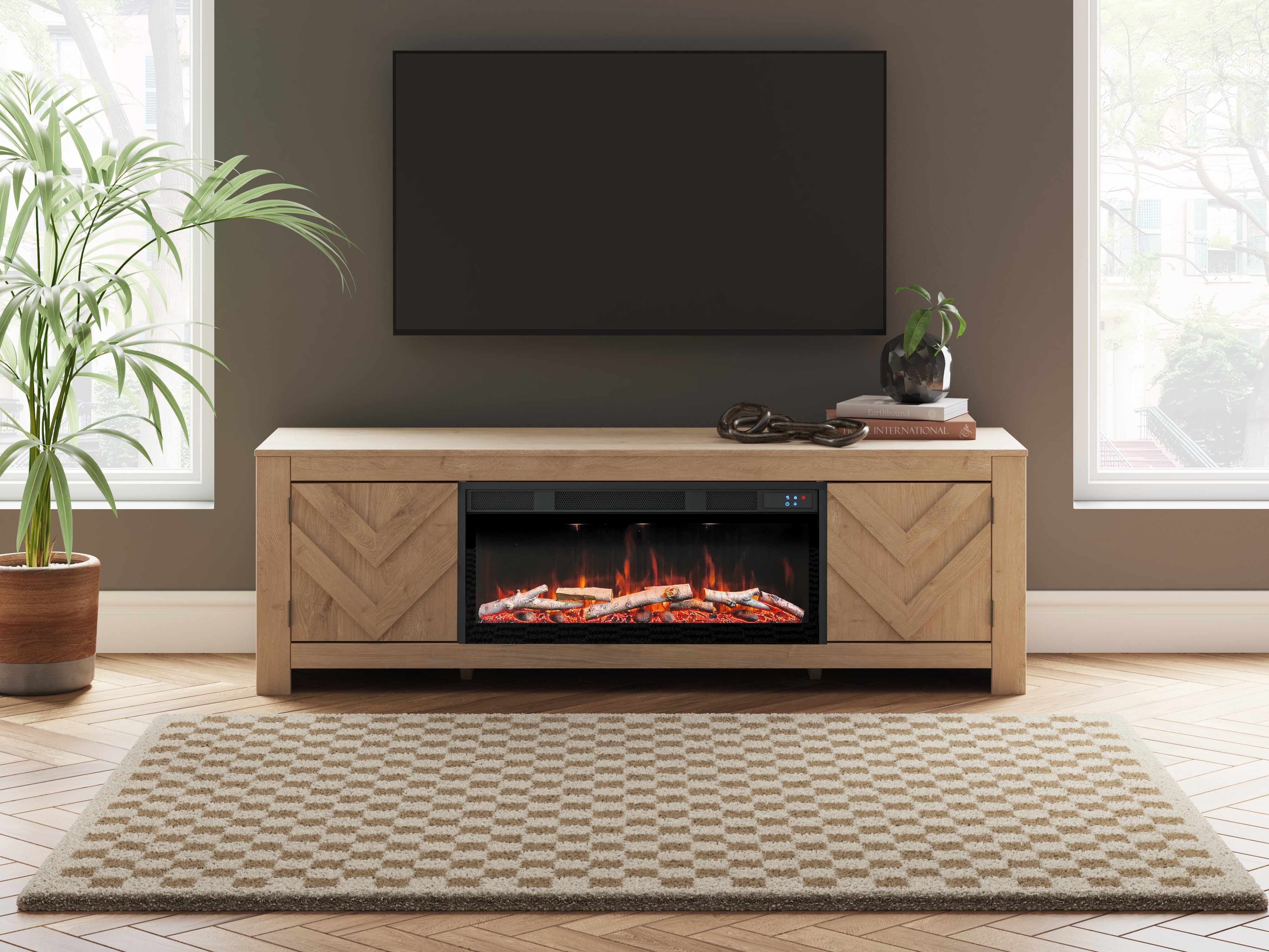 Sectionals for Less - Ashley Furniture - Cayboni 71" TV Stand with Electric Fireplace - 71" TV Stand with Electric Fireplace / Tan - W3787W1