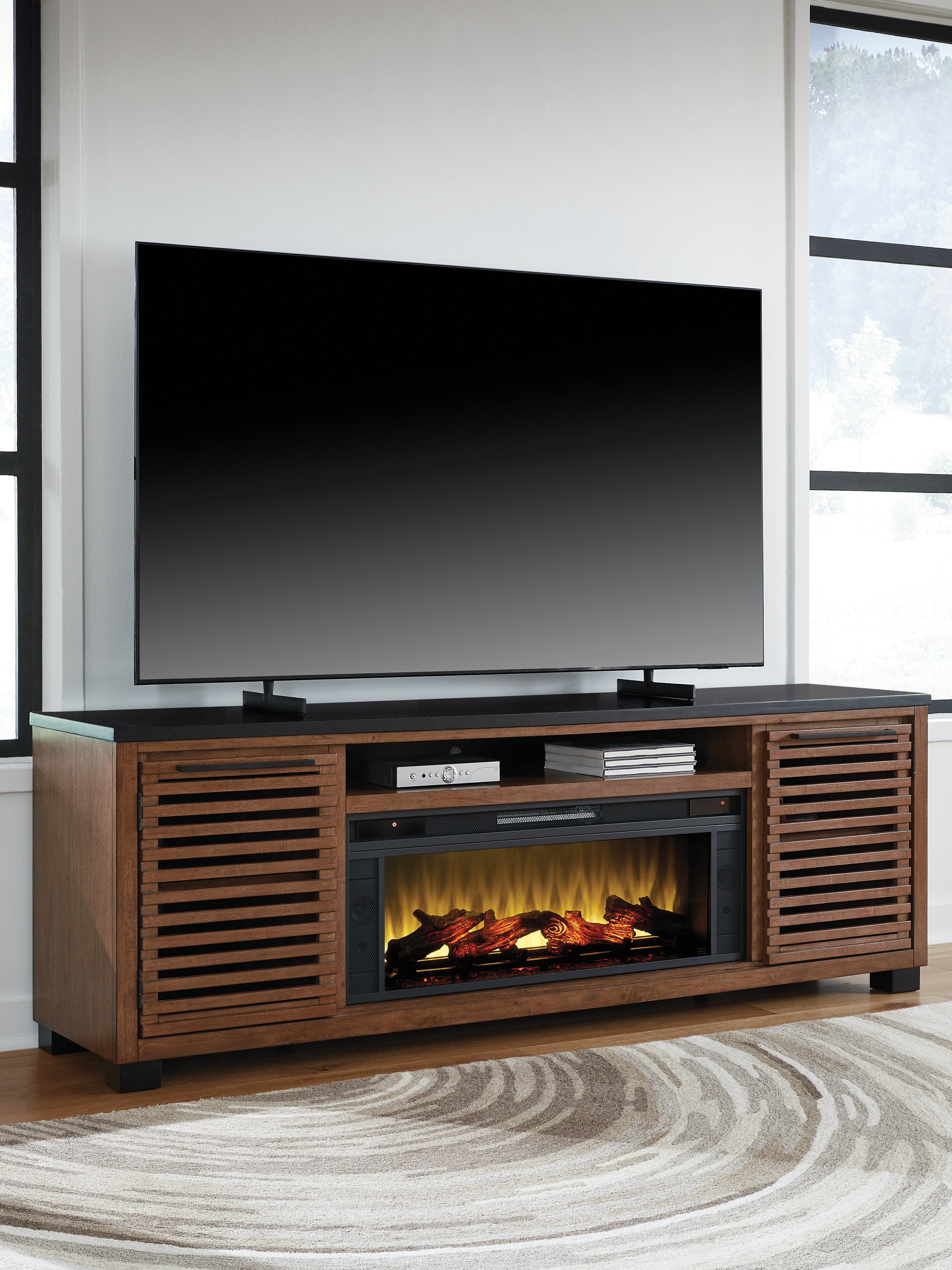 Sectionals for Less - Ashley Furniture - Kallari 84" TV Stand with Electric Fireplace - 84" TV Stand with Electric Fireplace / Warm Brown/Black - W737W1