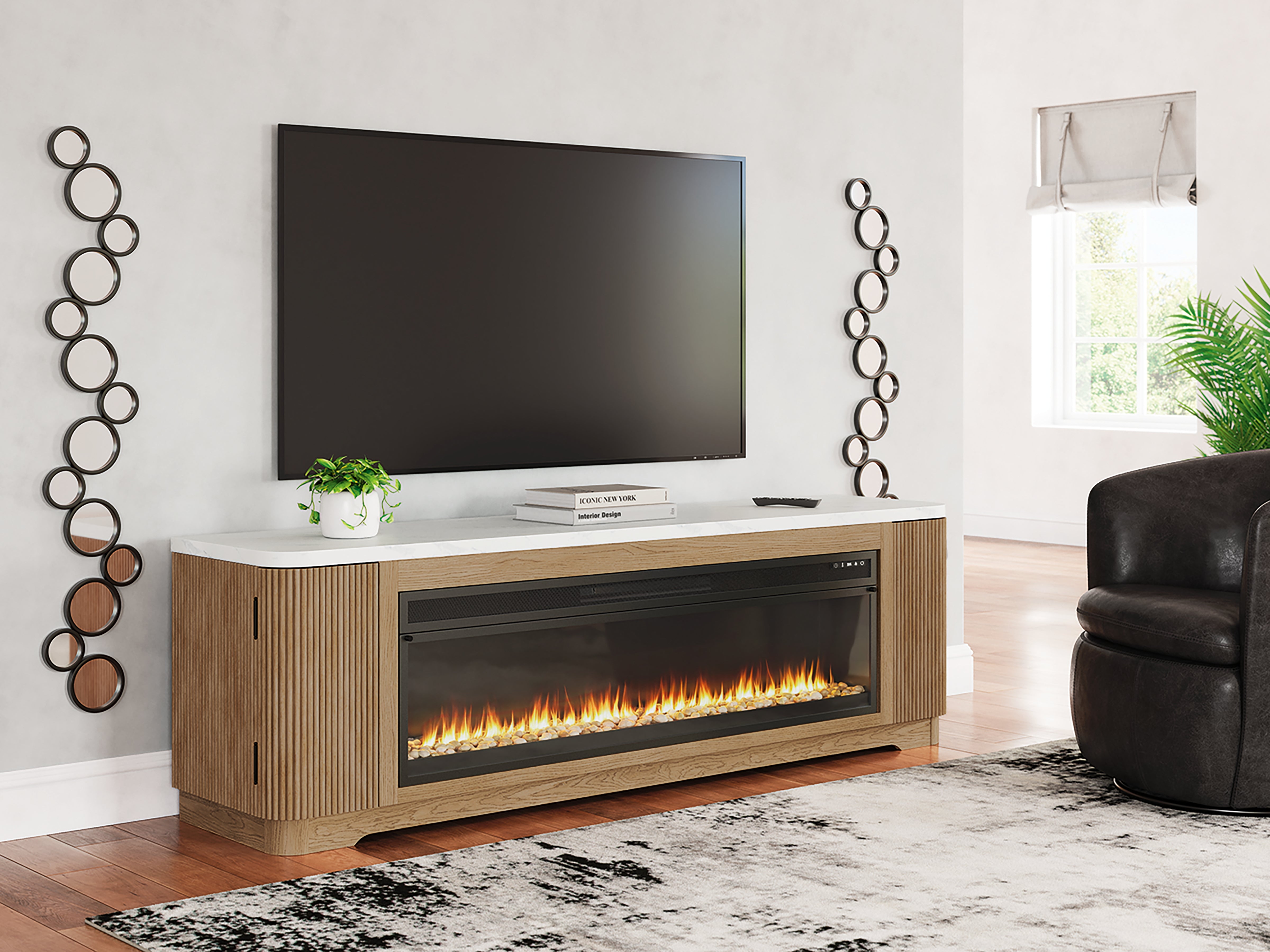 Sectionals for Less - Ashley Furniture - Camdill 80" TV Stand with Electric Fireplace - 80" TV Stand with Electric Fireplace / Light Brown - W808W1